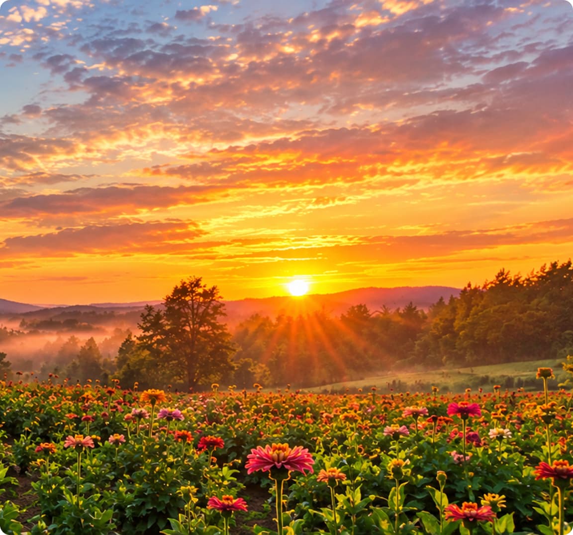 Sunset over the zinnia field at Sunset Hill Farm