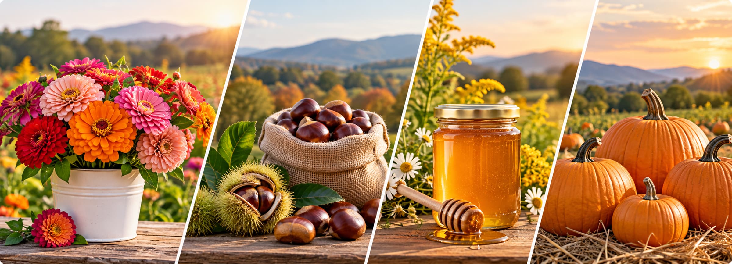 Zinnias, chestnuts, honey, and pumpkins grown at Sunset Hill Farm