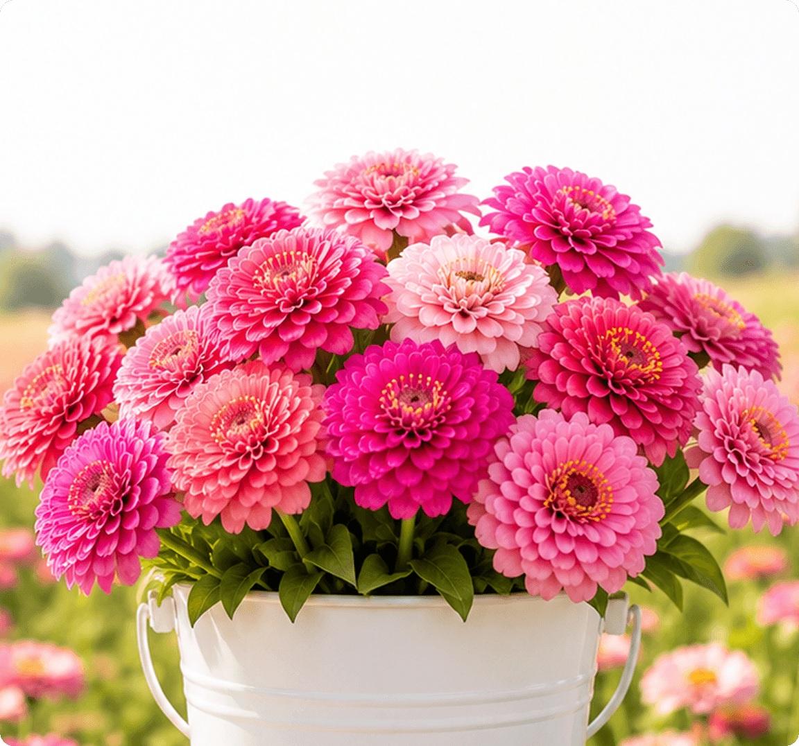 Pink zinnias in a bucket